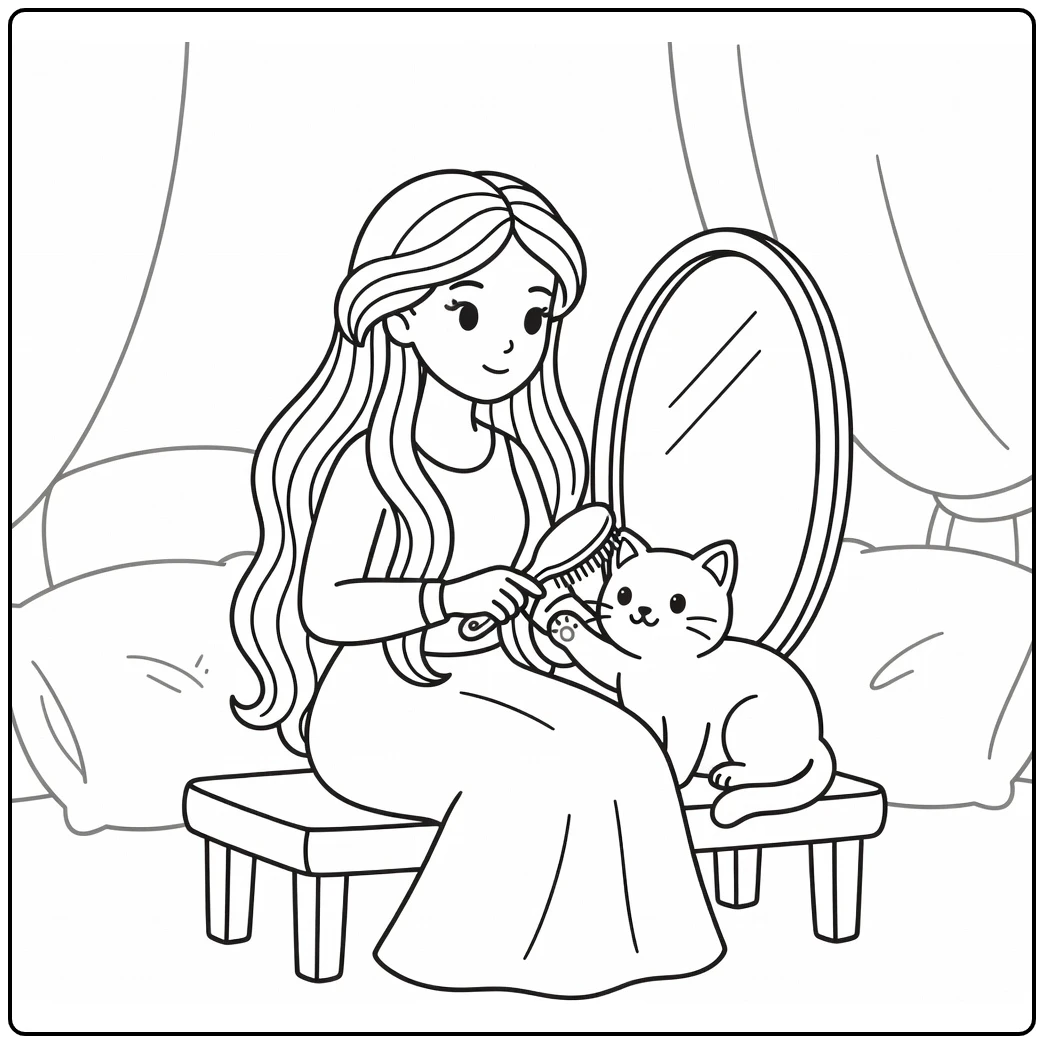 Princess and cat coloring pages: serene hair brushing scene