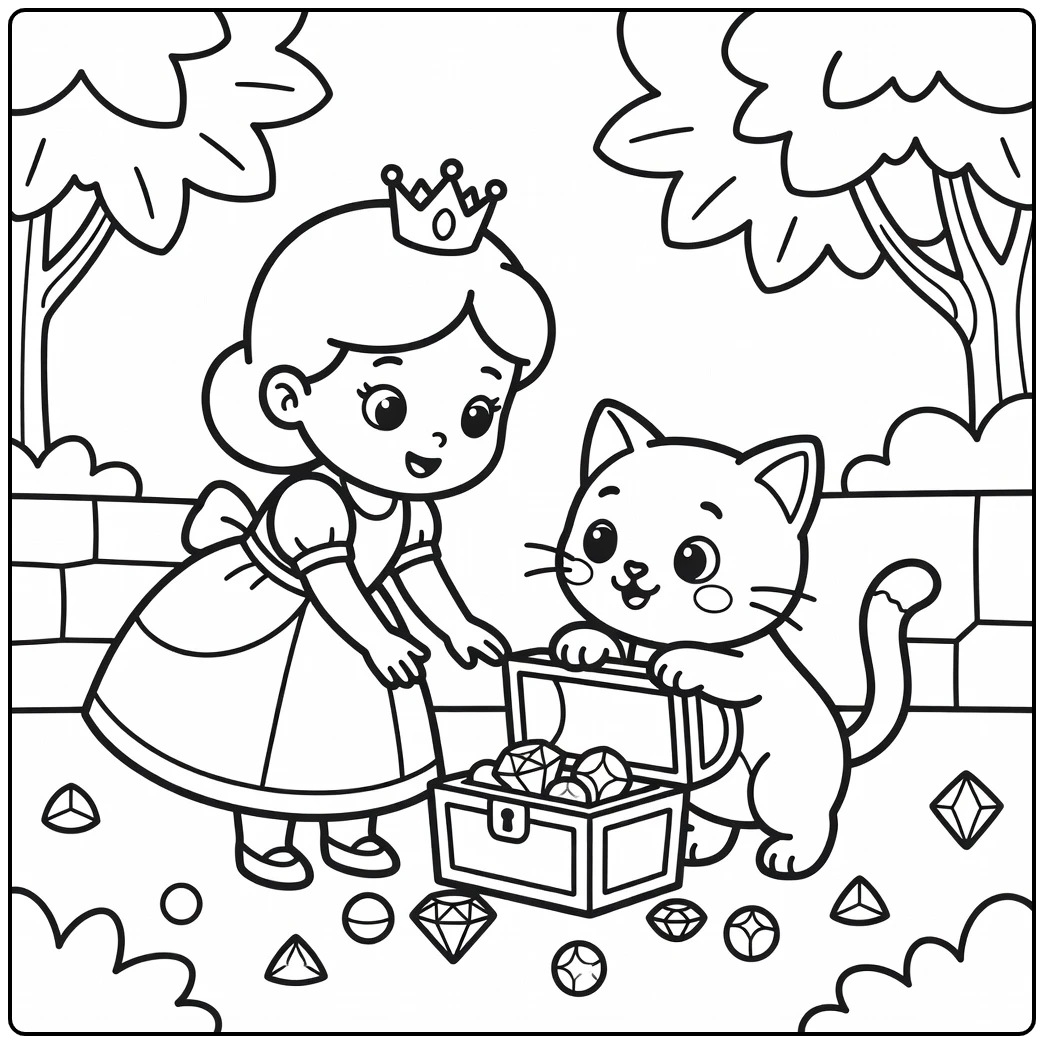 Princess and cat coloring pages: curious chest peek