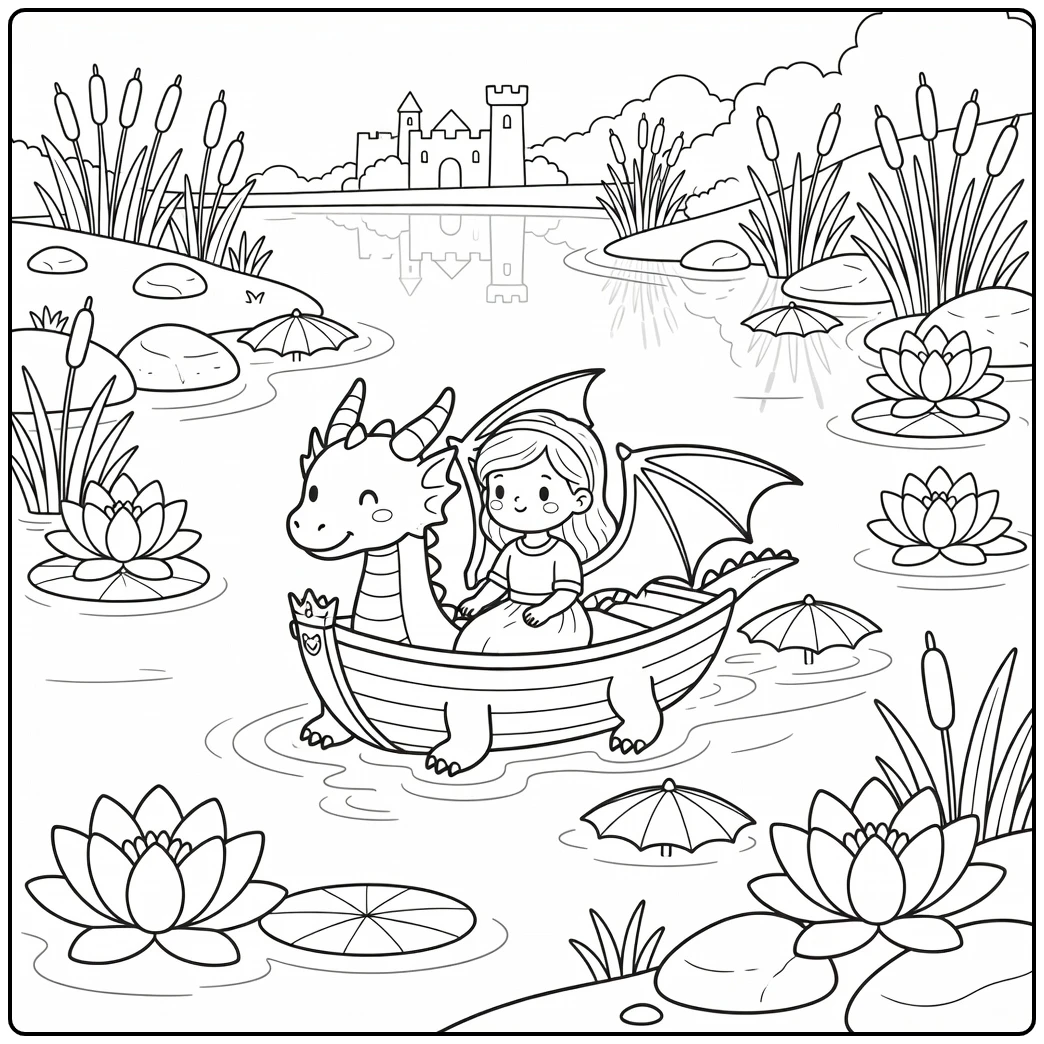 Princess and dragon coloring page: boat on river with playful dragon