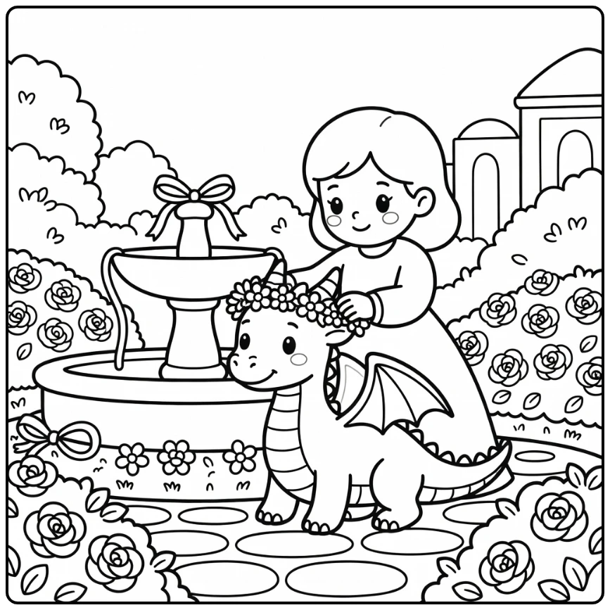 Princess and dragon coloring page: garland on calm dragon by fountain