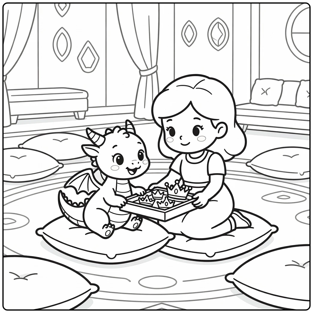 Princess and dragon coloring page: baby dragon picks crown