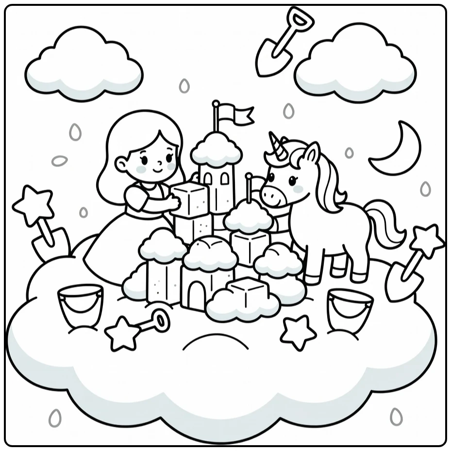 Princess and unicorn coloring page building cloud palace