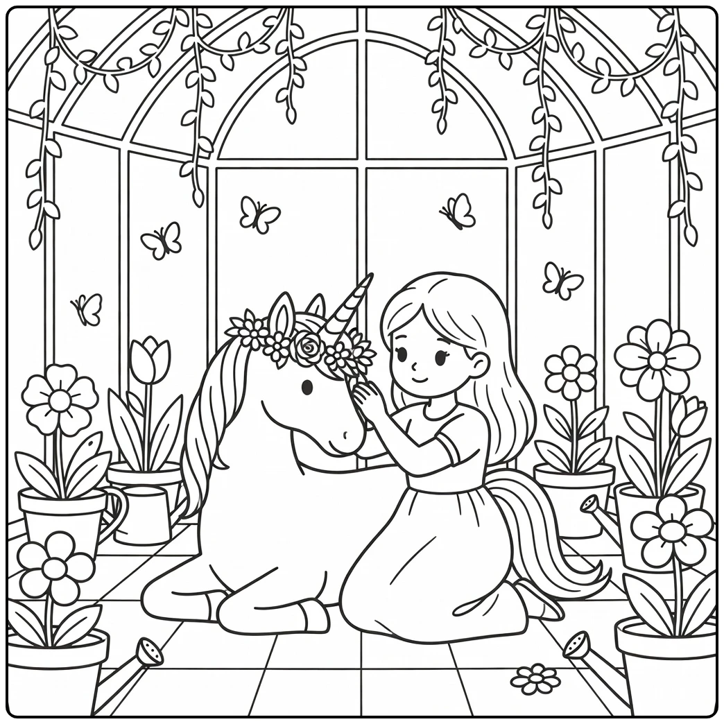Princess and unicorn coloring page in greenhouse scene