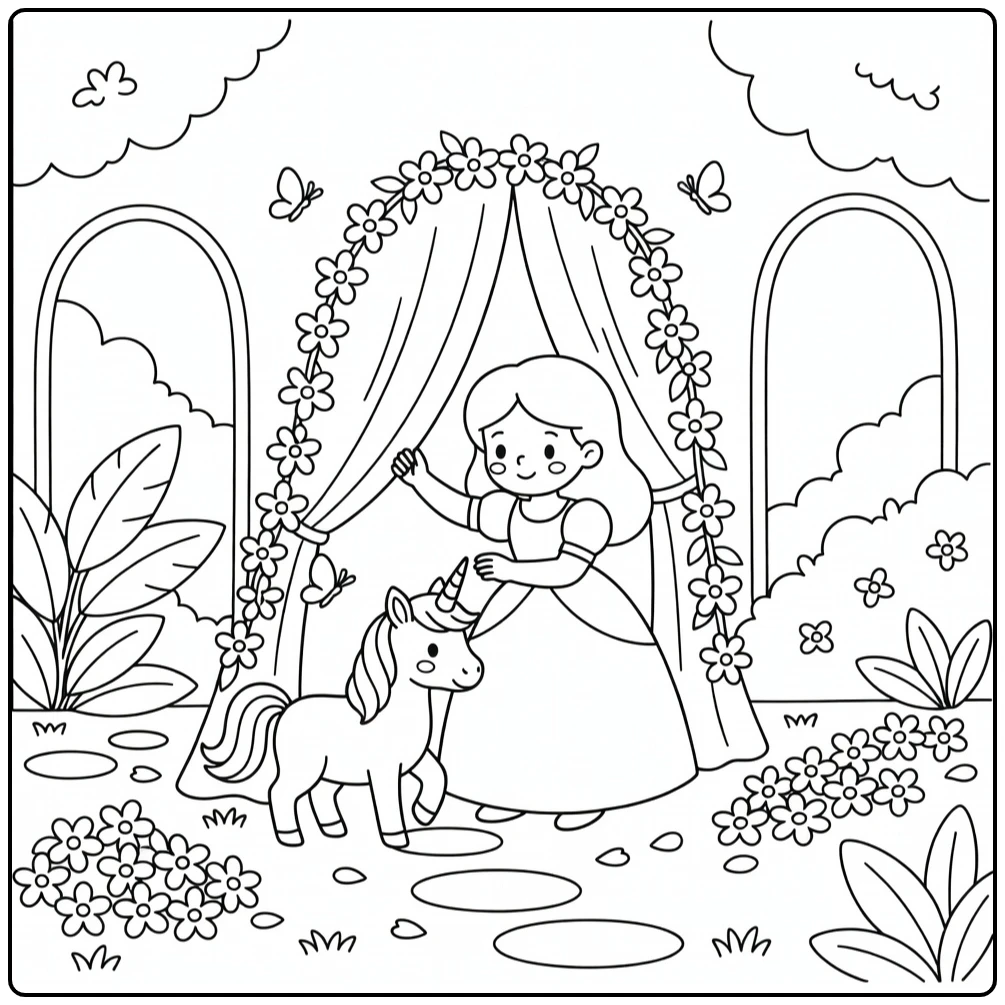 Princess lifts vines for unicorn in garden princess and unicorn coloring page