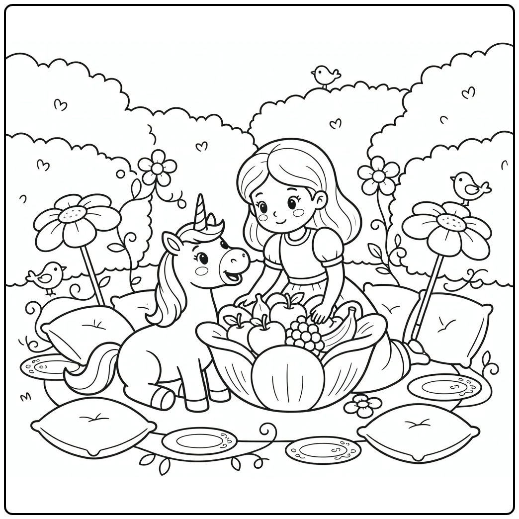 Princess and unicorn coloring page: fruit bowl picnic