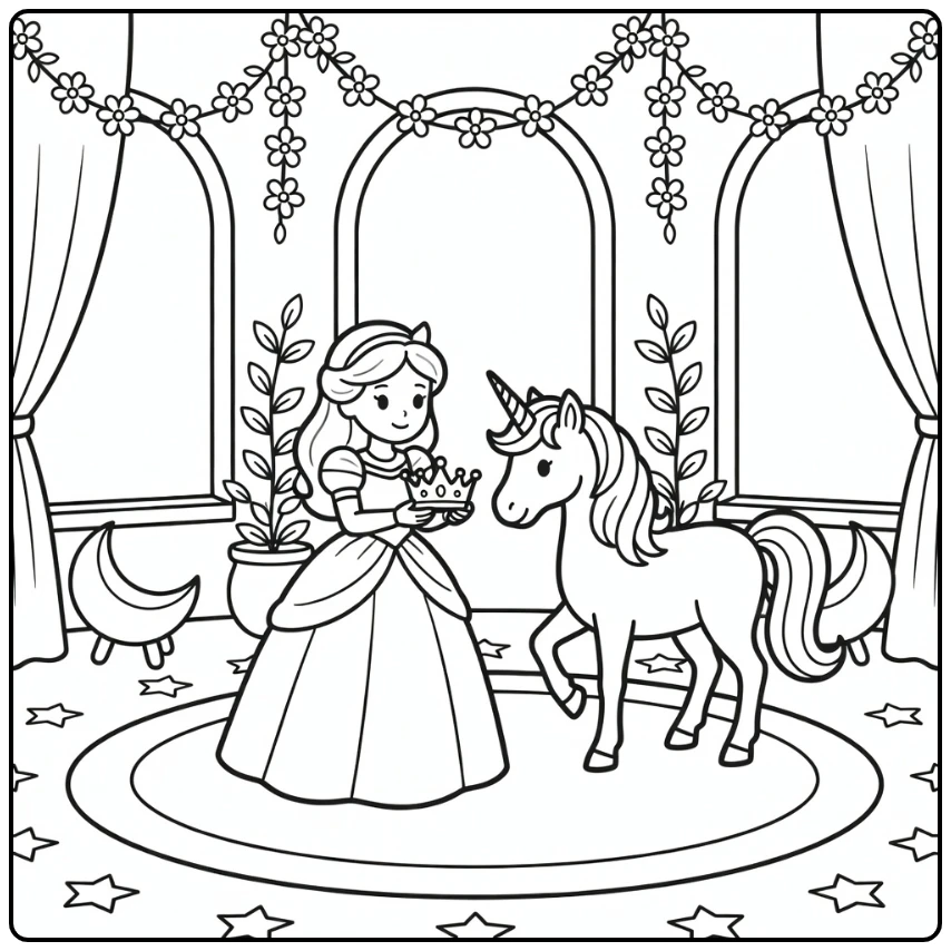 Princess and unicorn coloring page: thankful princess, bowing unicorn
