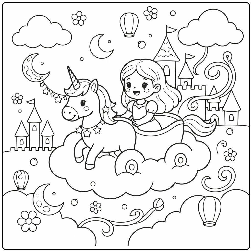 Princess and unicorn coloring page: cloud carriage ride