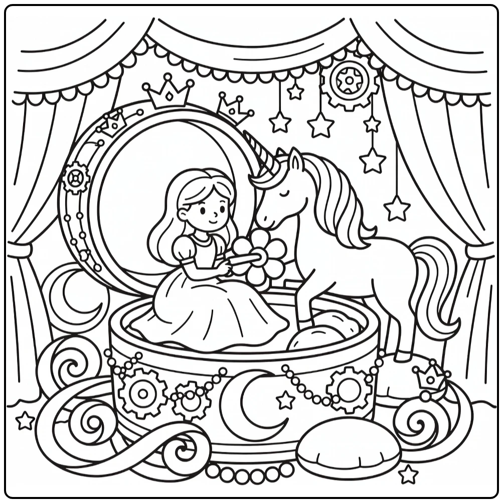 Princess and unicorn coloring page: music box magic