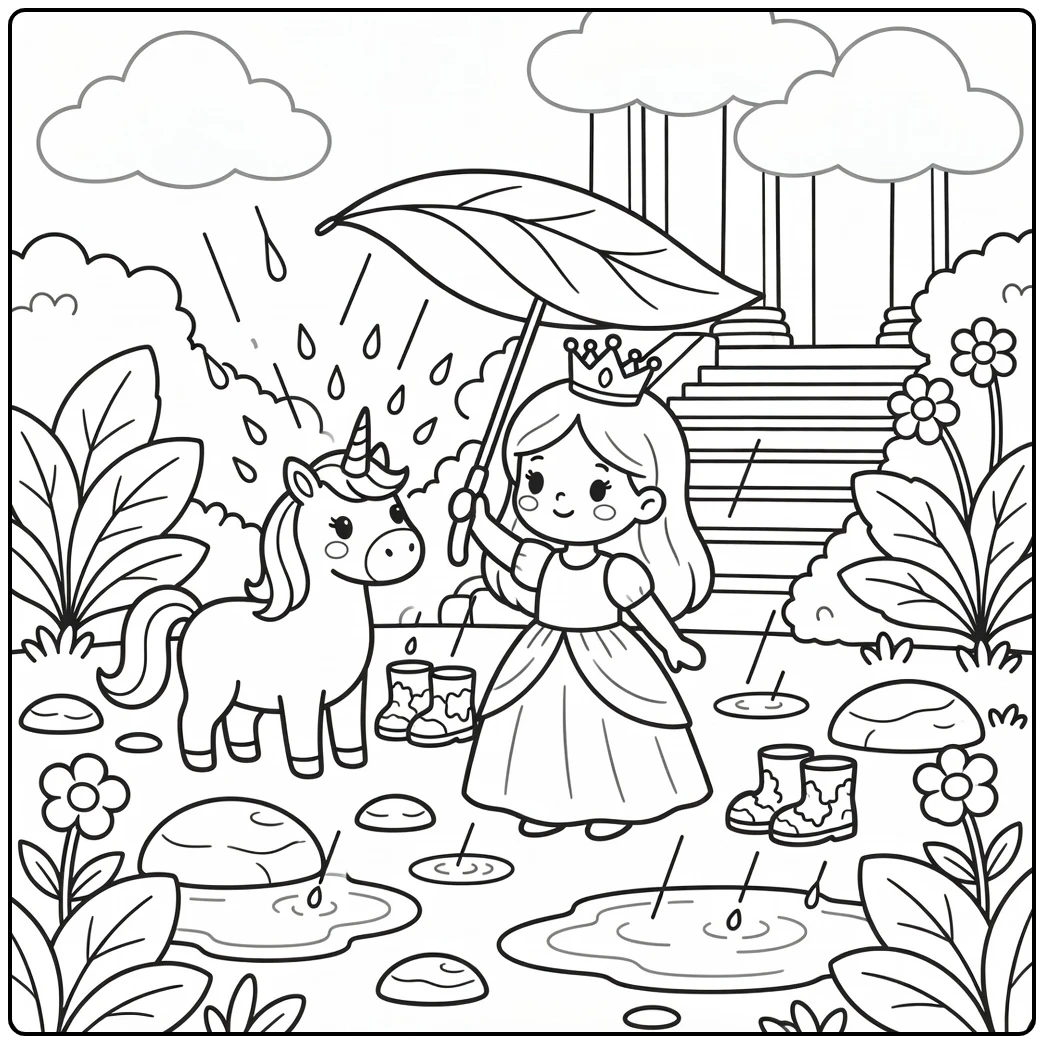 Princess and unicorn coloring page: rainy garden shelter scene
