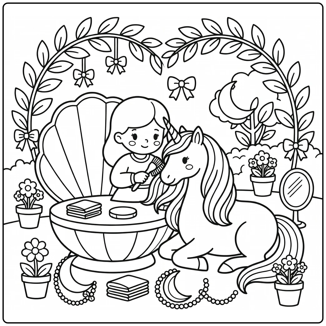 Princess and unicorn coloring page: brushing mane at vanity