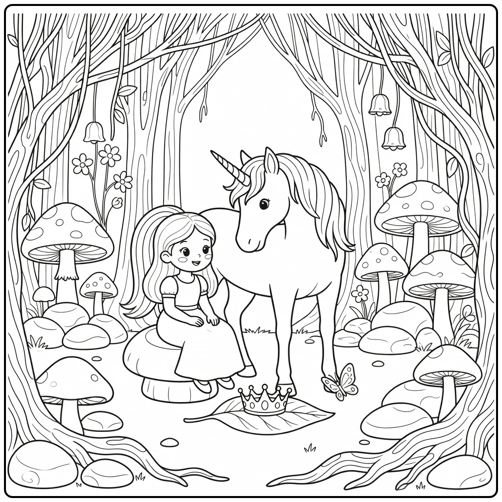Princess and unicorn coloring page: woodland coronation magic