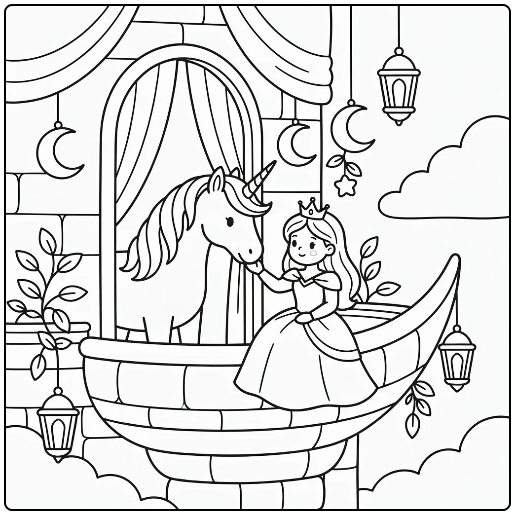 Princess and unicorn coloring page: balcony nuzzle magic
