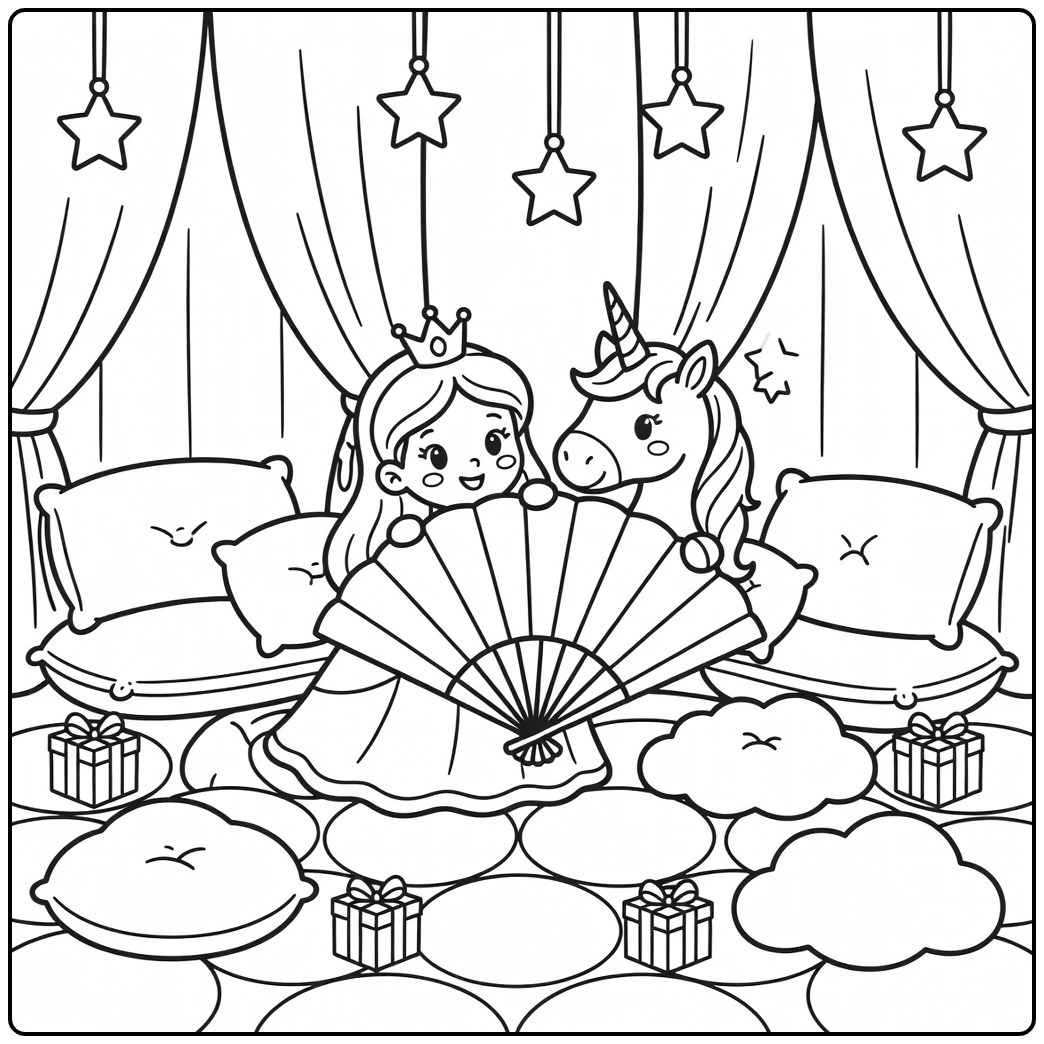 Princess and unicorn coloring page: peekaboo fan hideaway