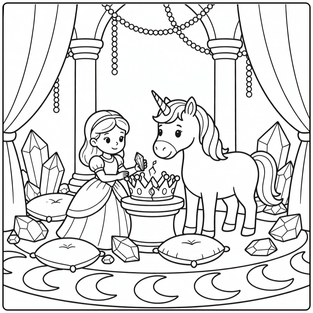 Princess and unicorn coloring page: examining cracked crystal crown