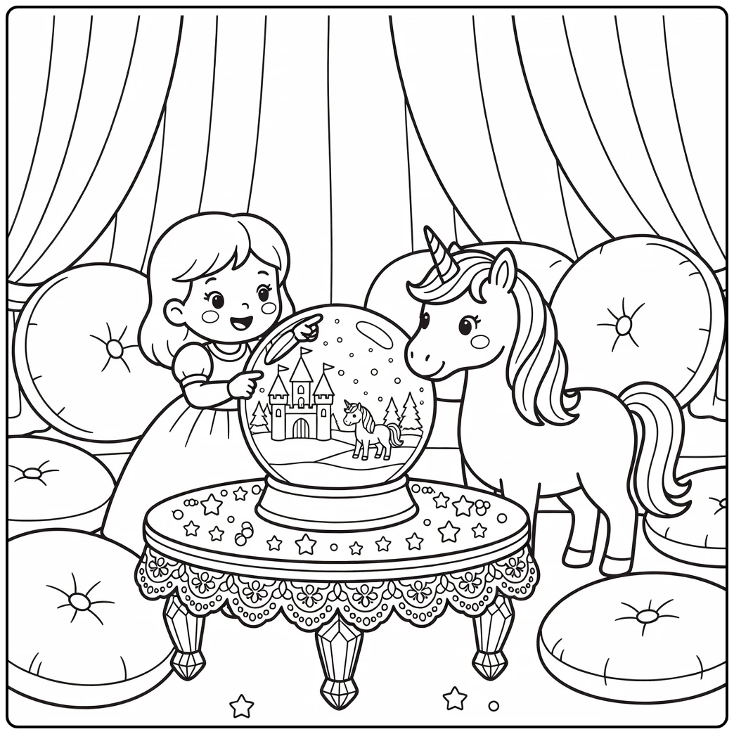 Princess and unicorn coloring page: peering into giant snow globe