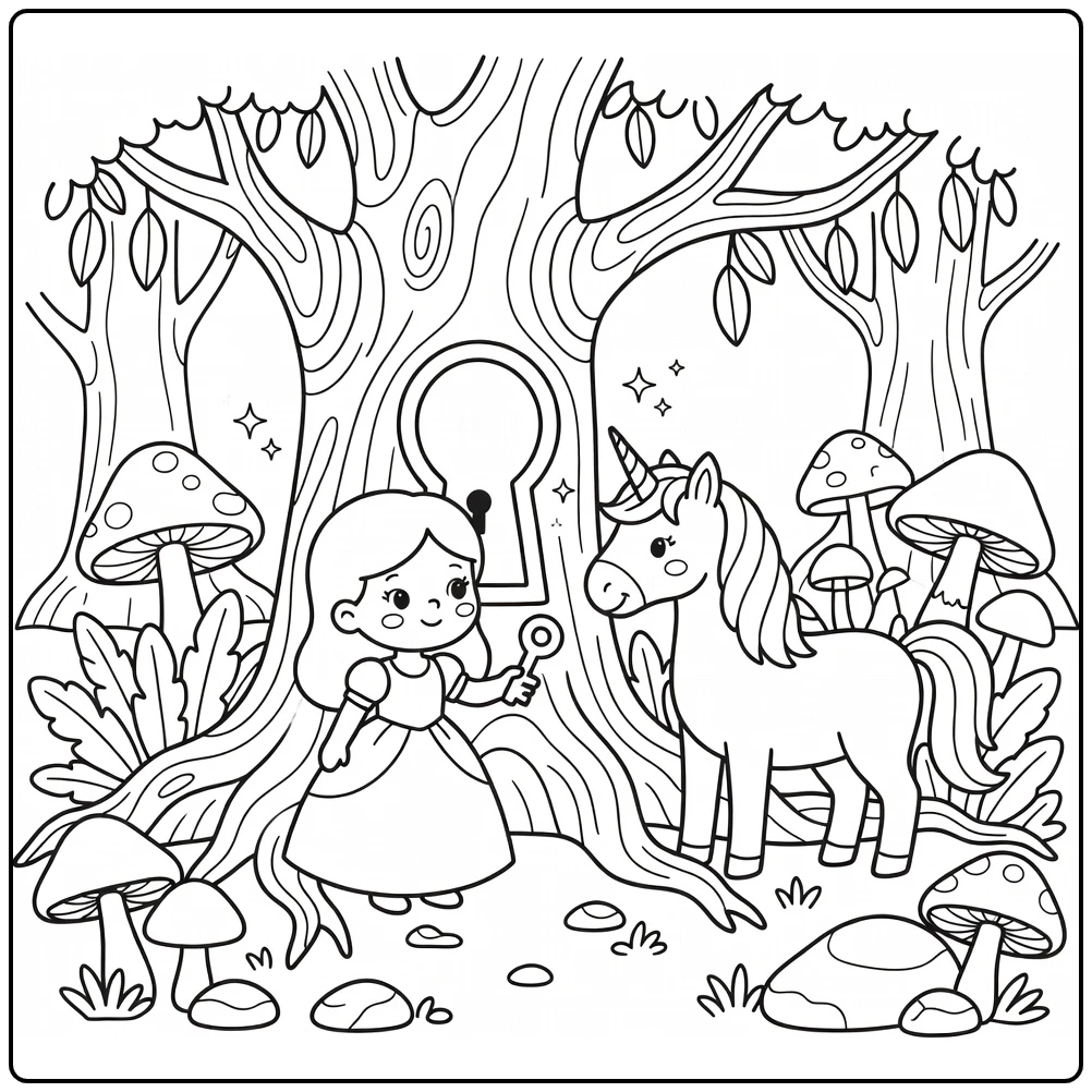 Princess and unicorn coloring page: keyhole door in tree