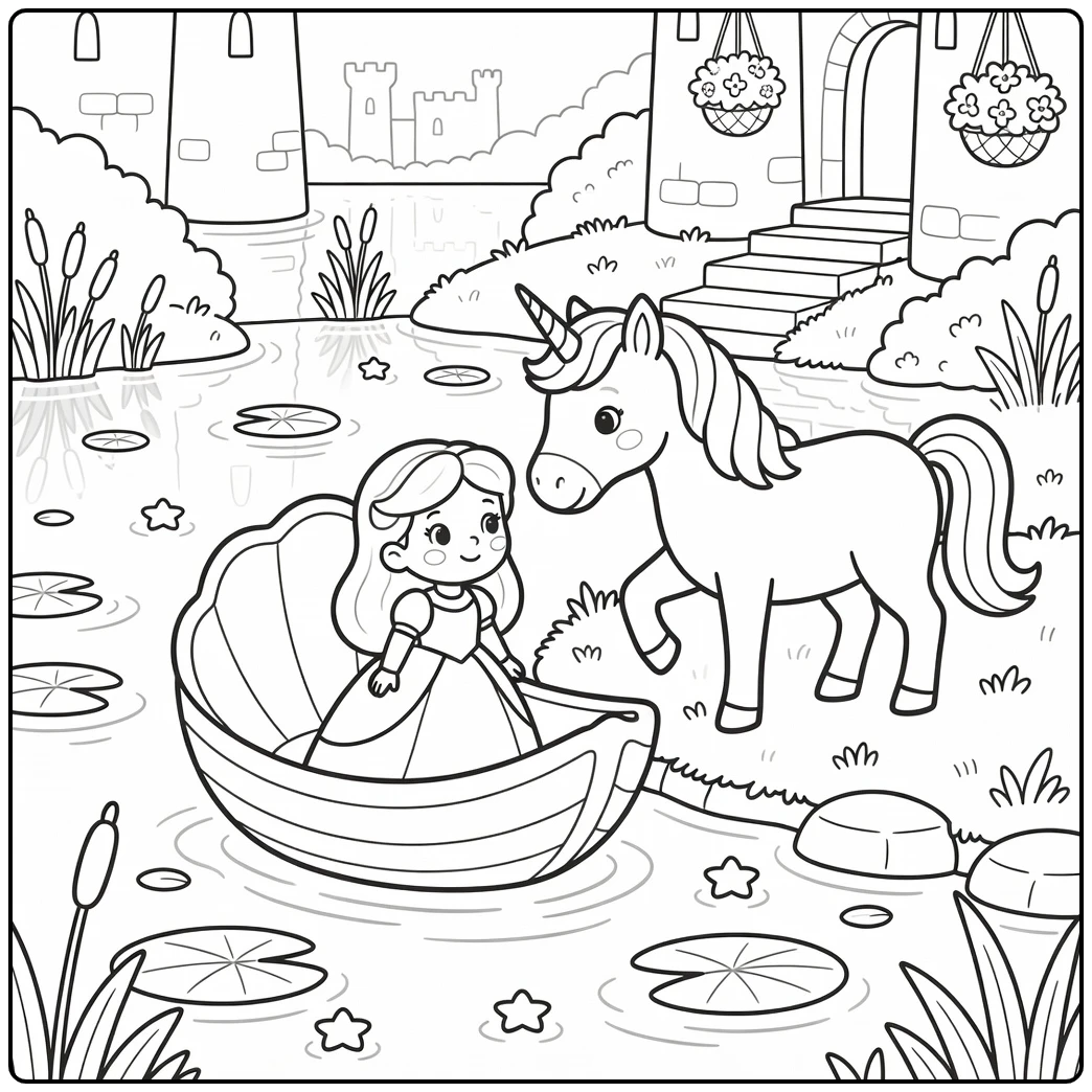 Princess and unicorn coloring page: nose touch in moat boat