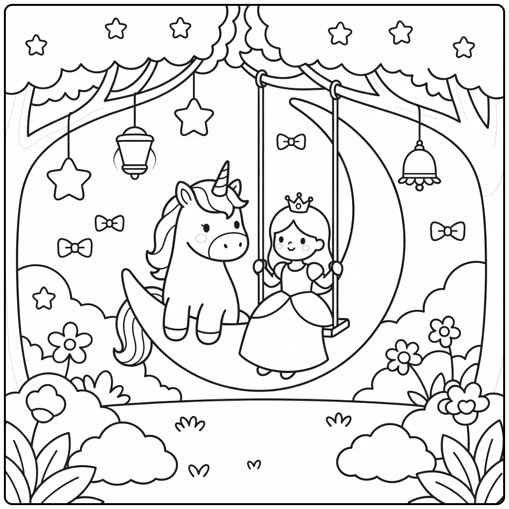 Princess and unicorn coloring page on crescent moon swing