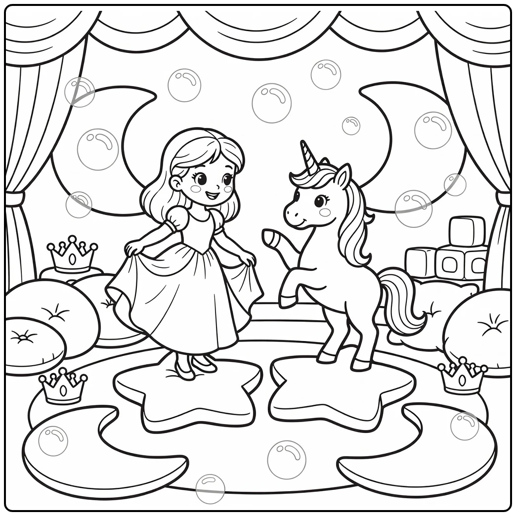Princess and unicorn coloring page balancing on star cushions