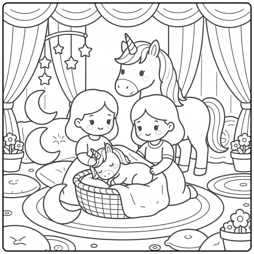 Princess tucks baby unicorn in cradle: princess and unicorn coloring page