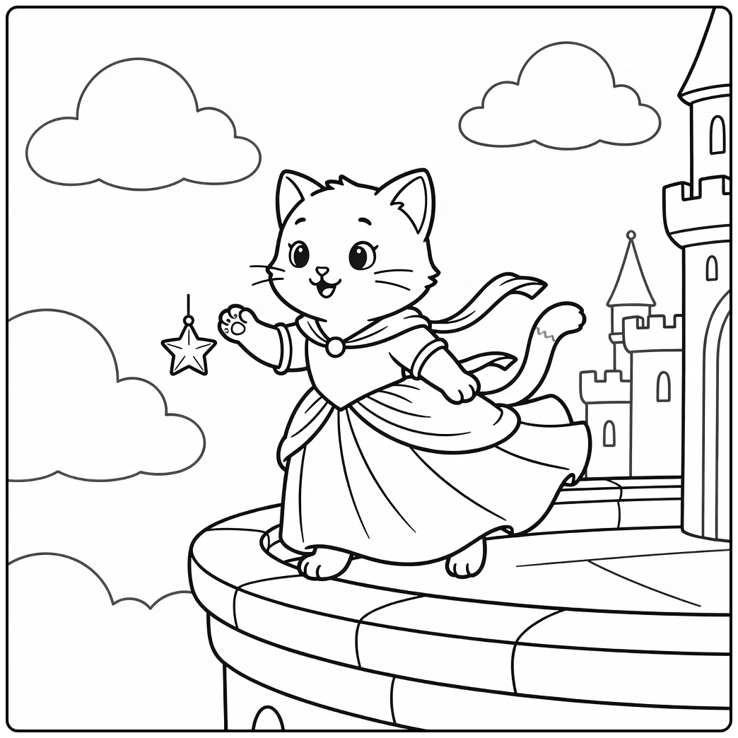 Princess cat coloring pages: balancing on balcony for star