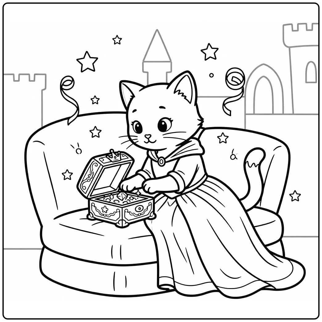 Curious princess cat coloring pages opens ornate jewelry box