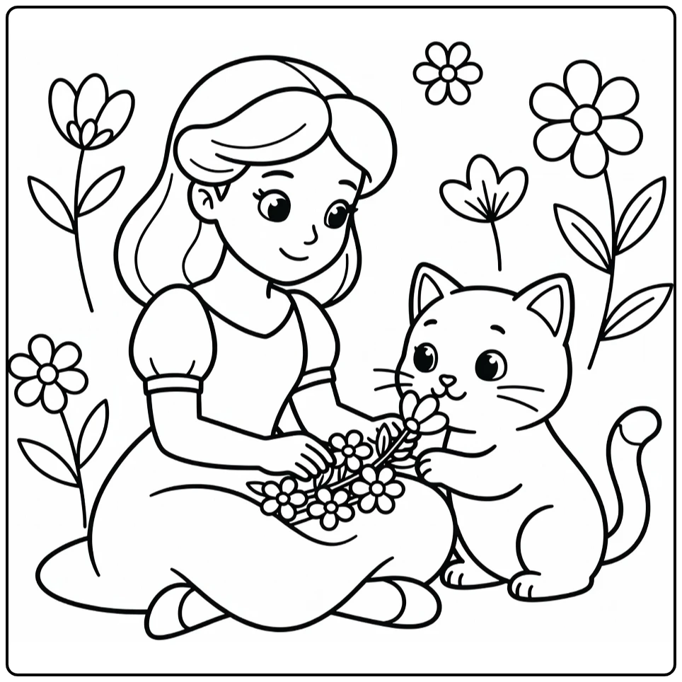 Princess and cat coloring pages: flower arranging scene