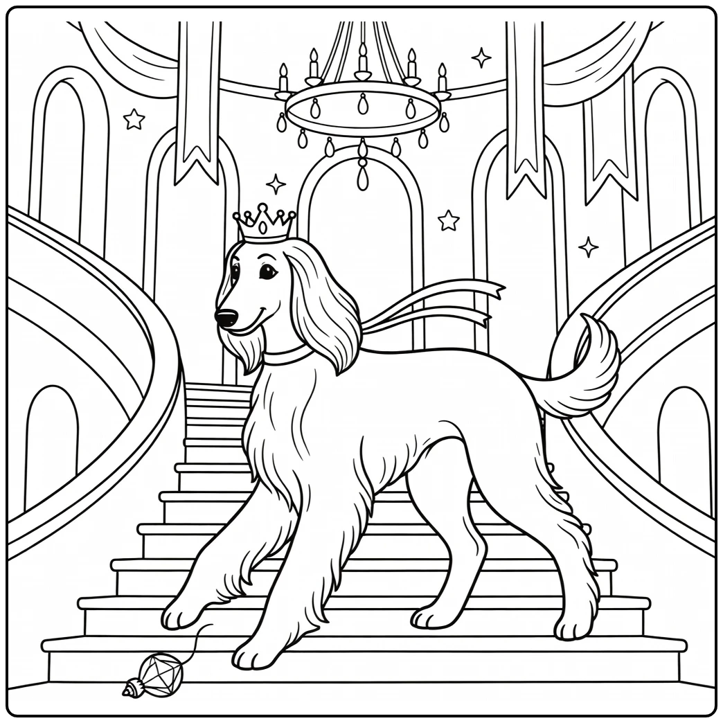 Princess Dog coloring page: Afghan Hound with crown on stairs