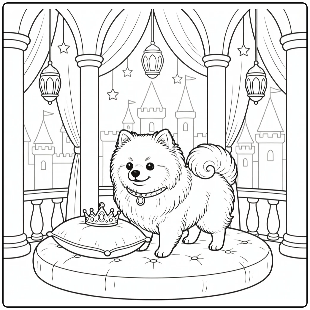 Princess Dog coloring page: Pomeranian nudges tiara on balcony