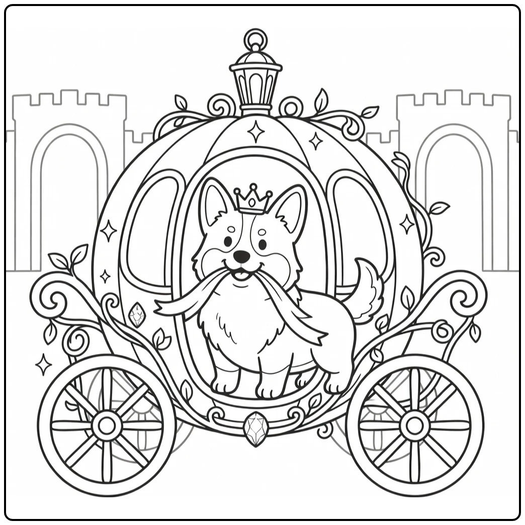 Princess Dog coloring page: Corgi peeking from pumpkin carriage