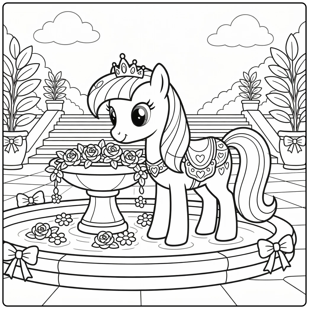 Princess Pony Coloring Page touching flower garland by fountain