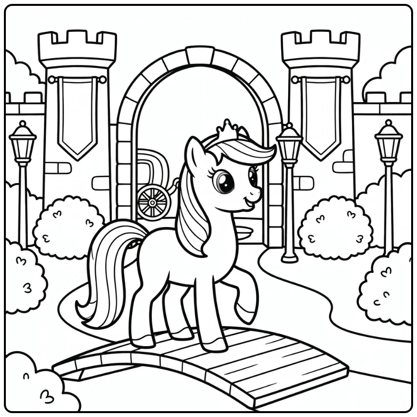 Princess Pony Coloring Page with Tiara and Palace Gate