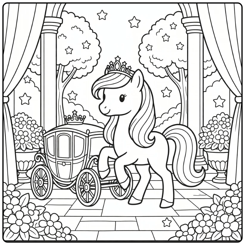 Beautiful princess pony coloring page with carriage and palace