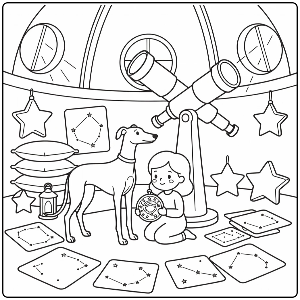 Princess with Dog coloring page: observatory stargazing scene