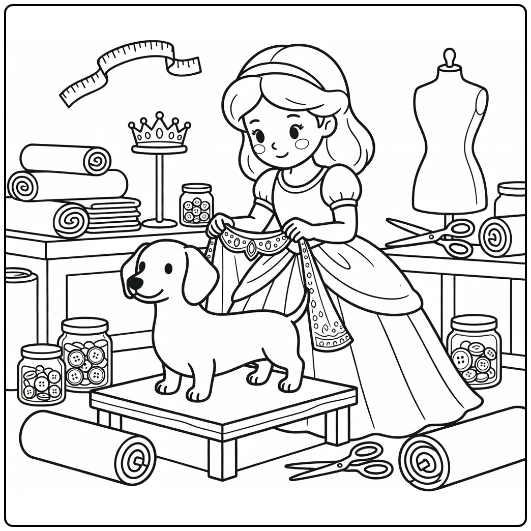 Princess with Dog coloring page: princess draping jeweled cape on dachshund