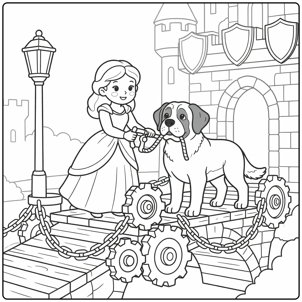Princess with Dog coloring page: crank-turning on drawbridge