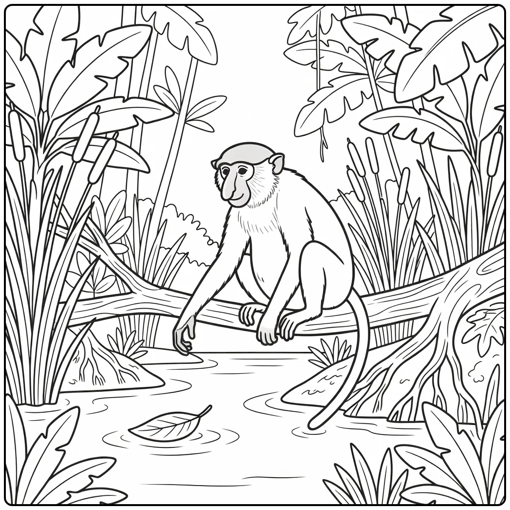 Jungle animals coloring page: proboscis monkey by river