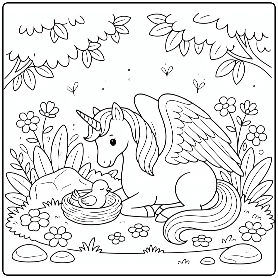 Alicorn coloring page: winged unicorn shields sleeping bird
