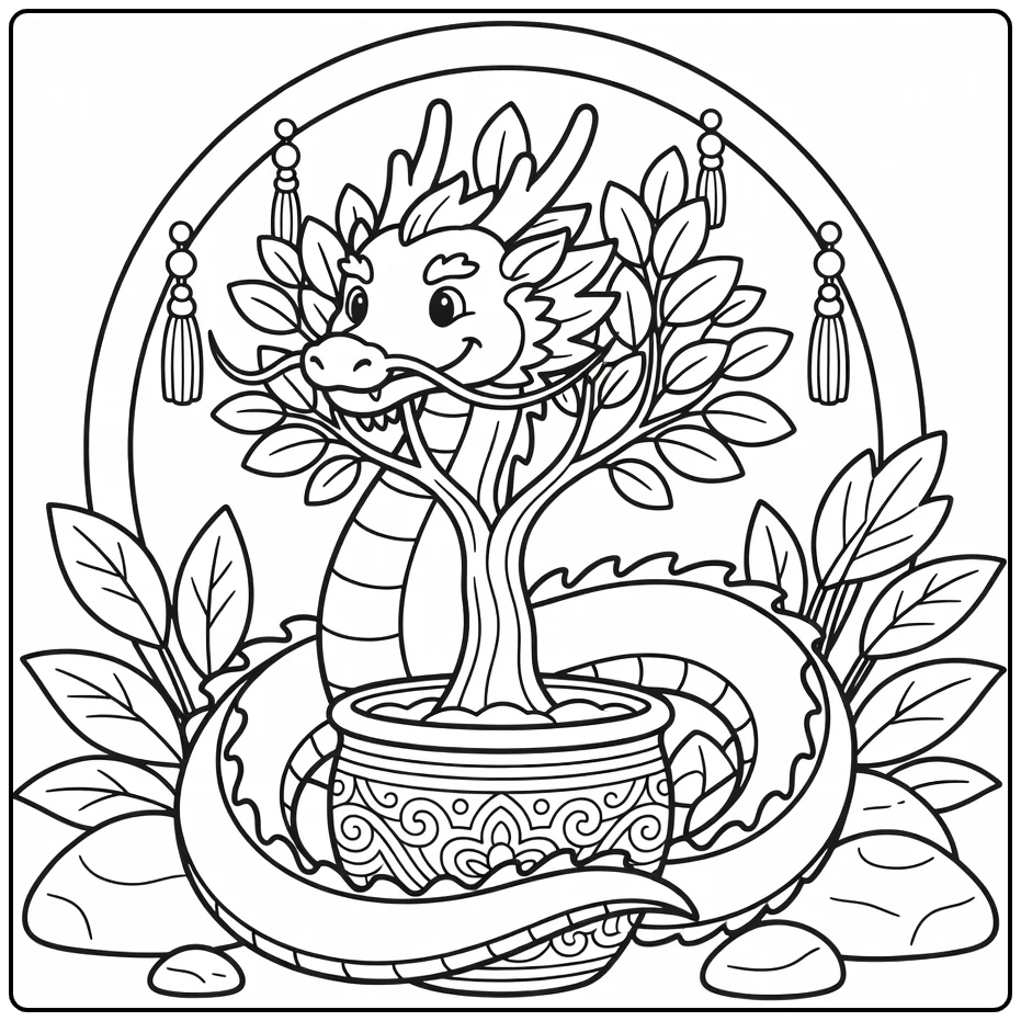 Year of the Dragon coloring page: proud dragon coils around tree pot