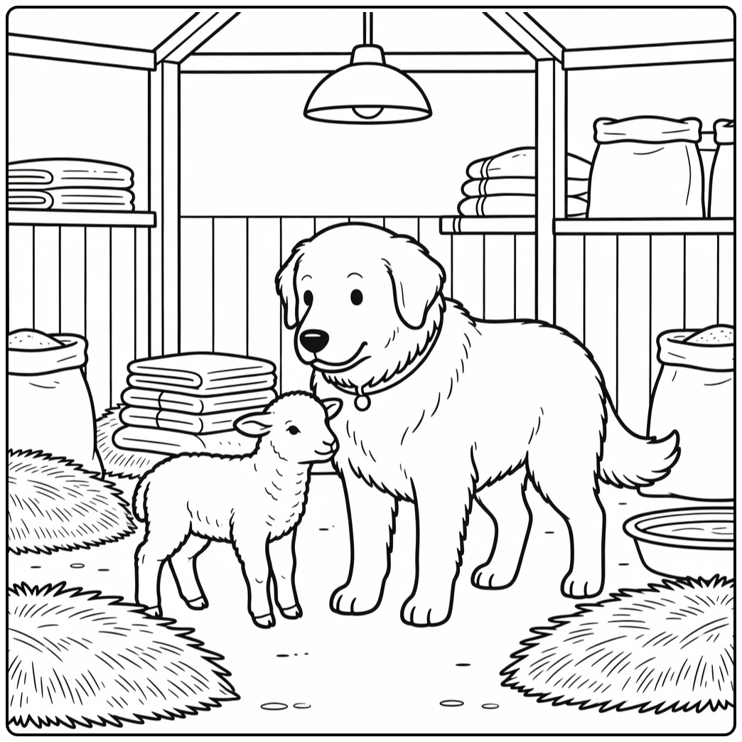 Great Pyrenees guards newborn lamb - farm Dog coloring pages
