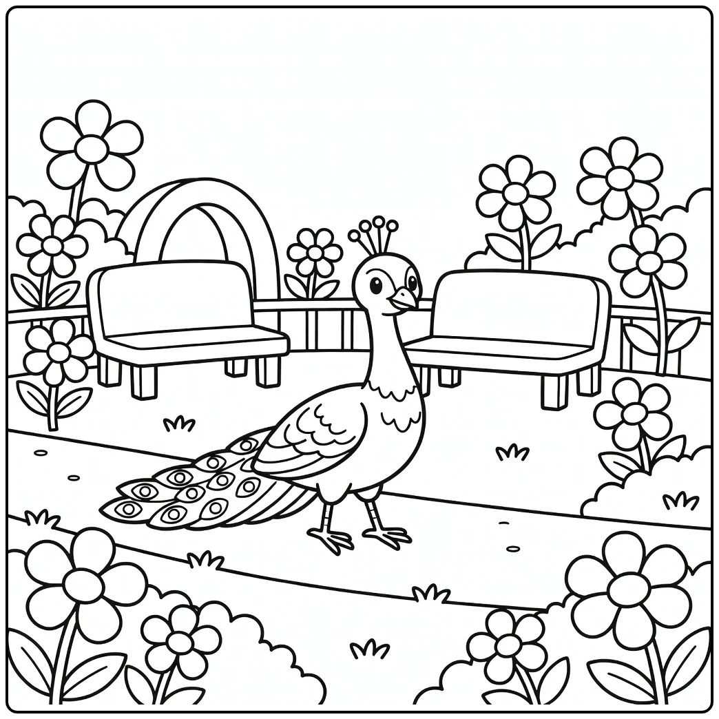 Easy zoo coloring page: proud peacock on garden path