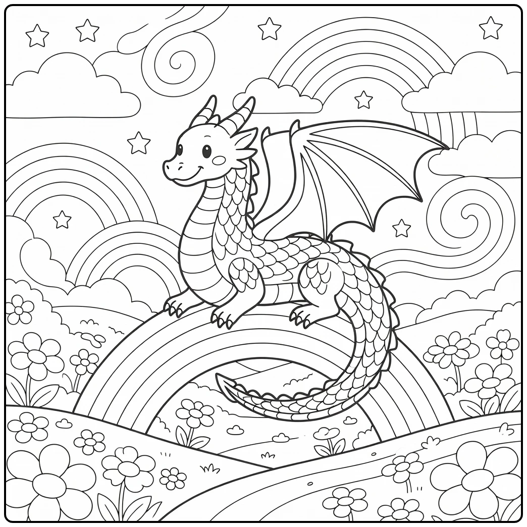 Rainbow dragon coloring page curling around giant bridge