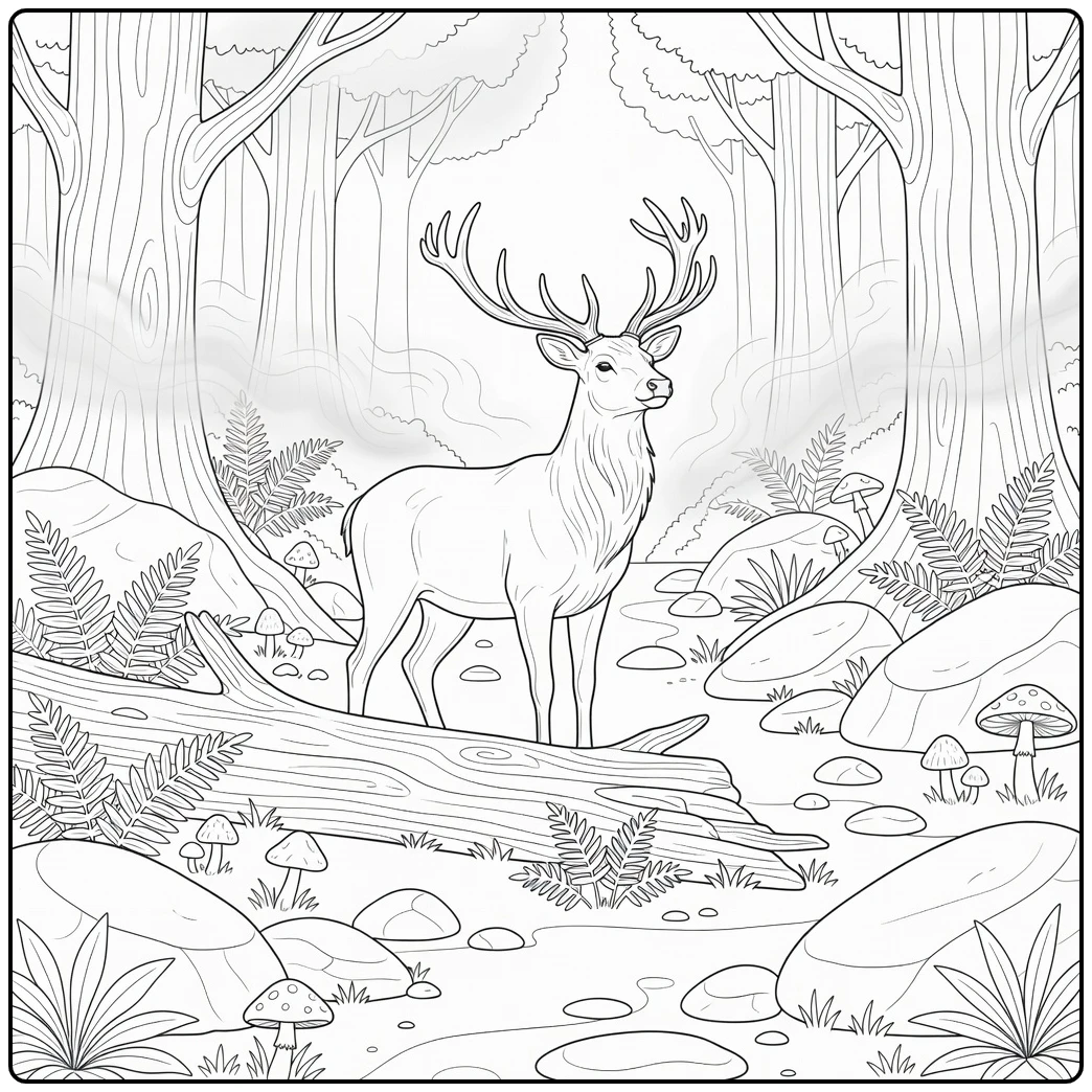 Realistic animal coloring page for adults: proud stag in misty forest
