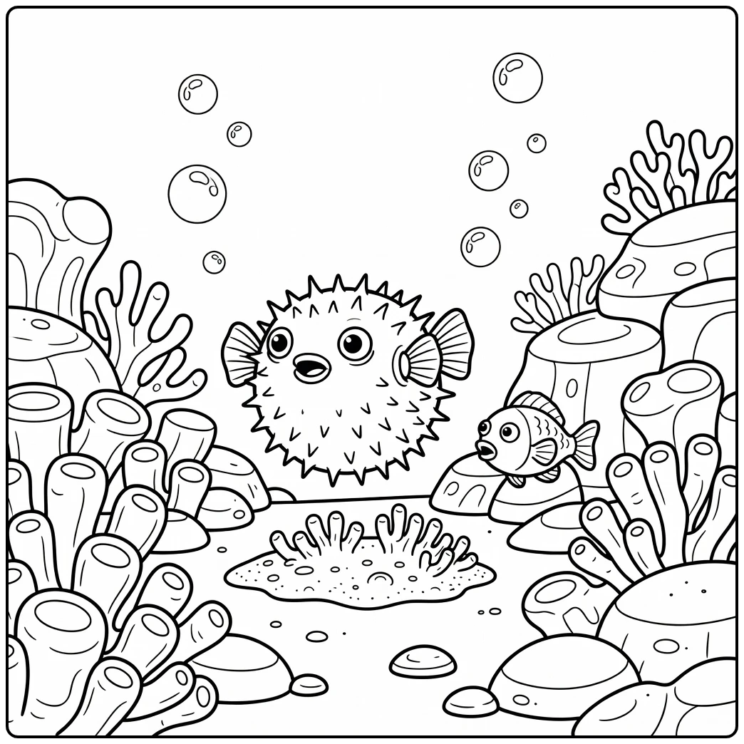 Puffed pufferfish startles small fish sea animal coloring page