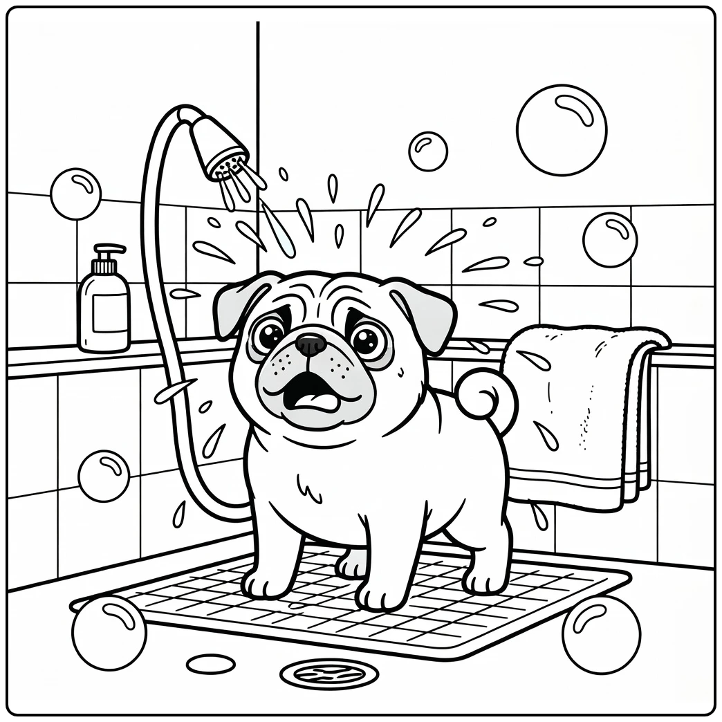 Simple Dog coloring pages: Pug shaking water in bath