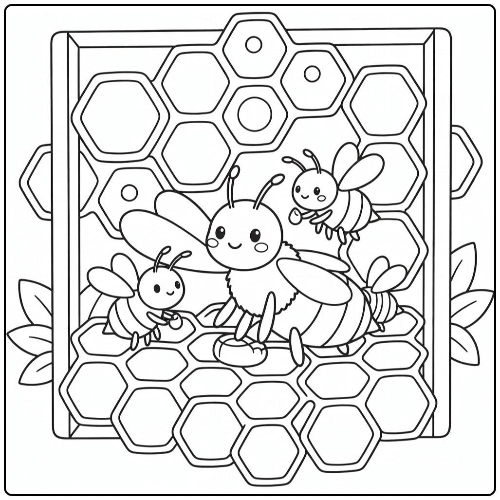 Queen bee coloring page of hive interaction with workers