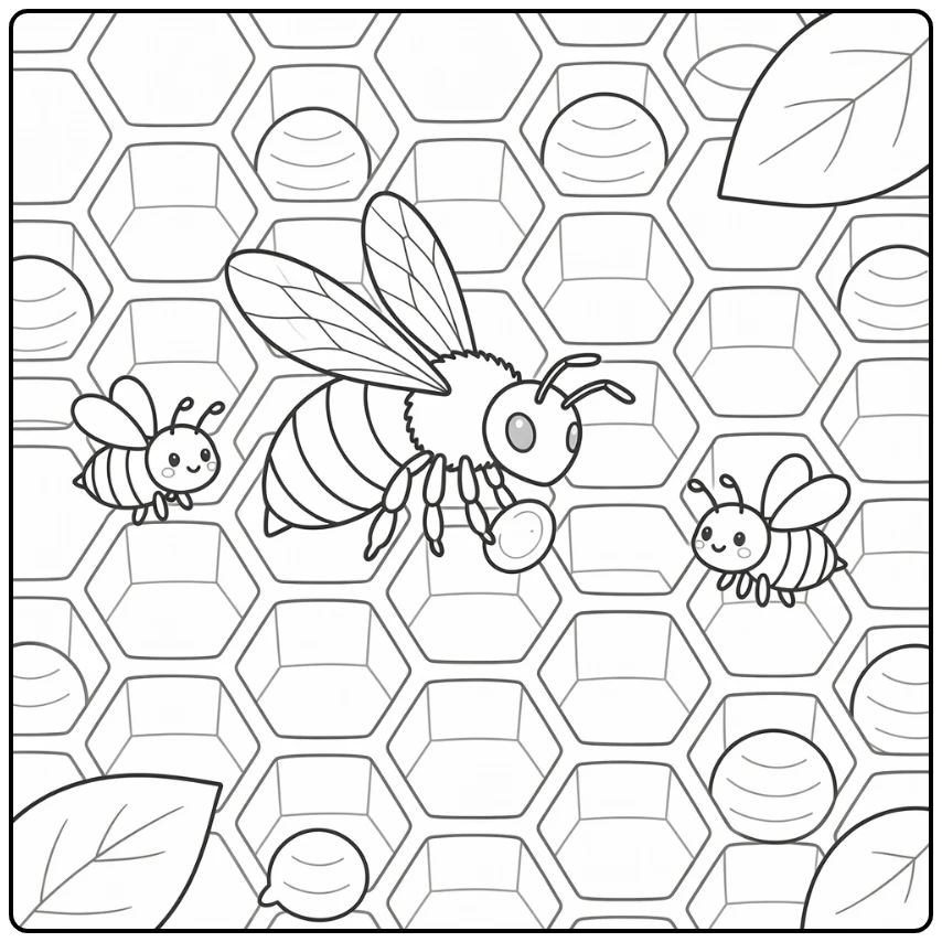 queen bee coloring page with egg in honeycomb and workers