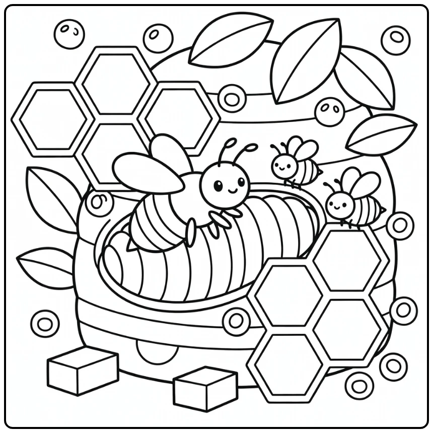 Queen bee coloring page of emerging queen with worker bees