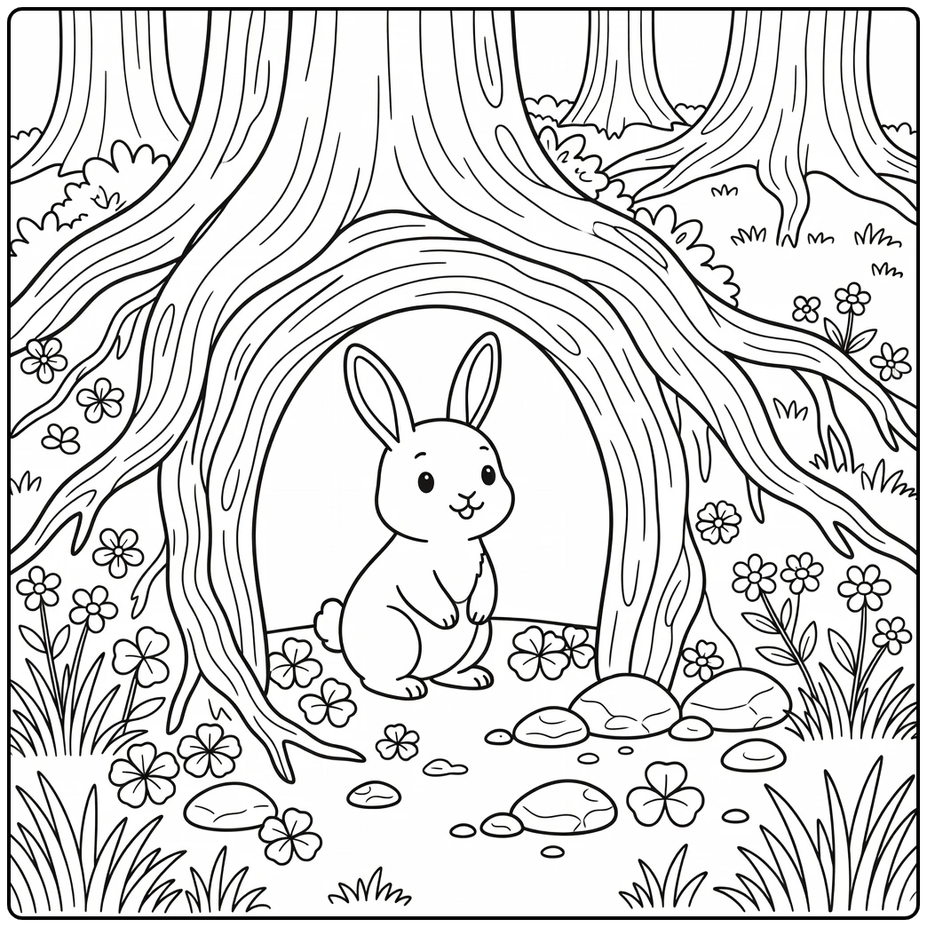 Forest animals coloring page: rabbit by burrow under roots