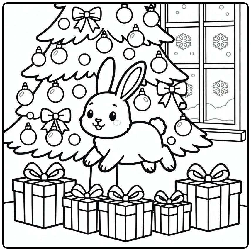 Christmas animal coloring page: rabbit hopping over presents